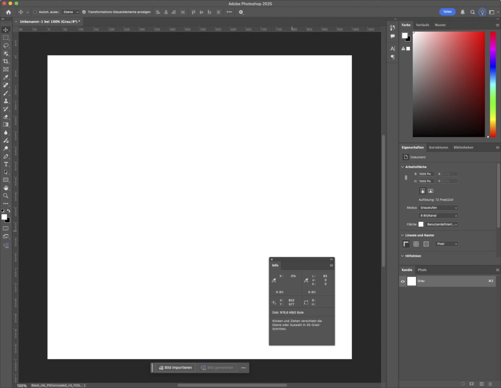 Proof.de: Softproof del canale nero di PSOUncoatedV3 Visualizzazione in Photoshop di K:0%: Il bianco carta di LAB 93/3/-10 viene visualizzato correttamente solo qui nella "L".