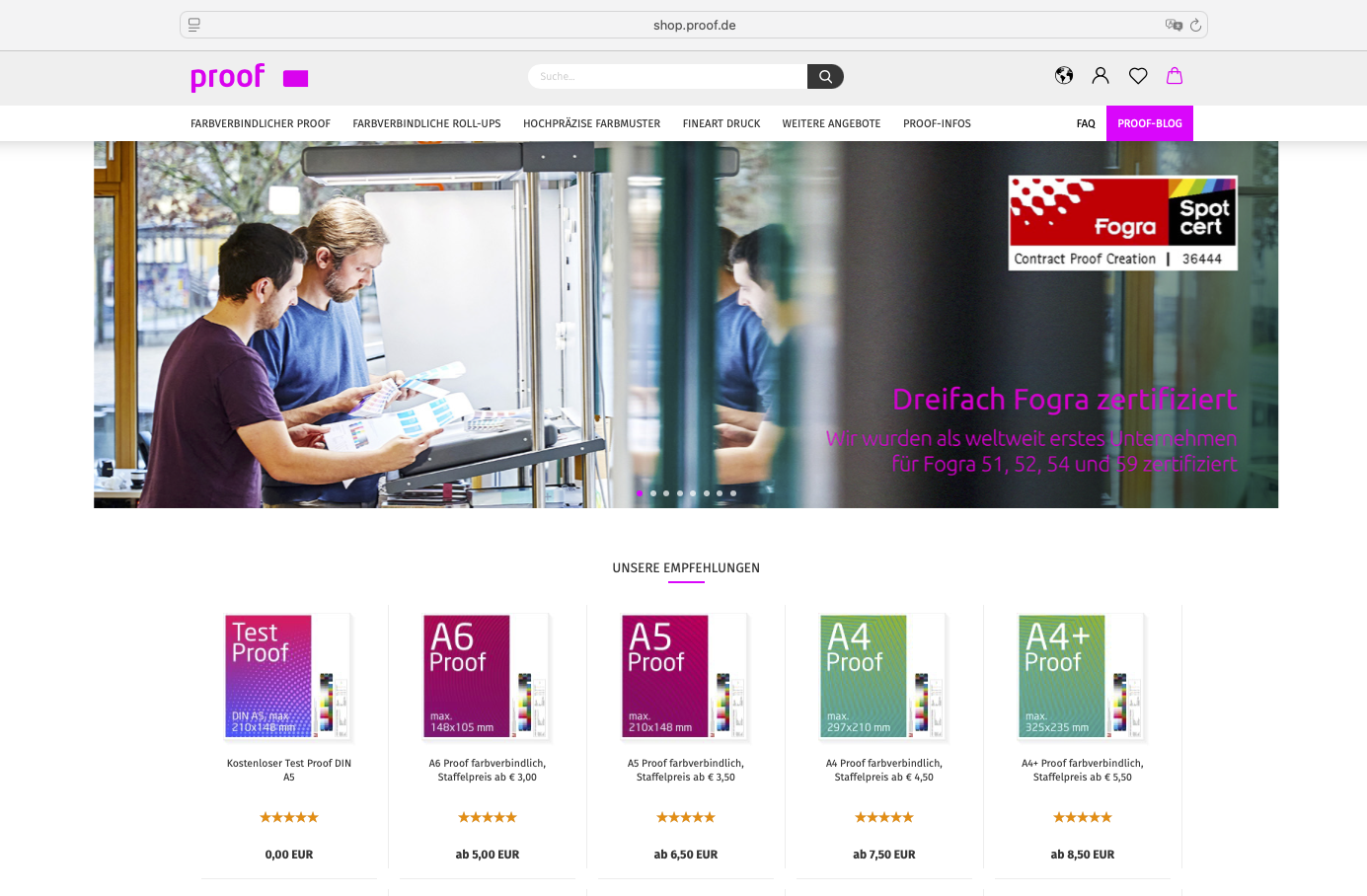 Screenshot der Startseite von shop.proof.de